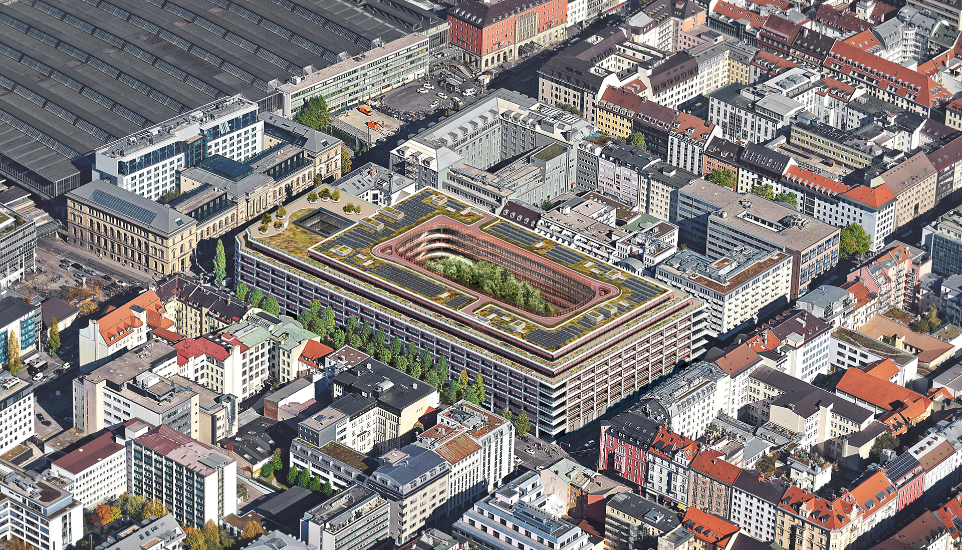 Luftbild Areal am Münchner Hauptbahnhof, Umbau und Neubau Elementum (Visualisierung: Herzog & de Meuron)